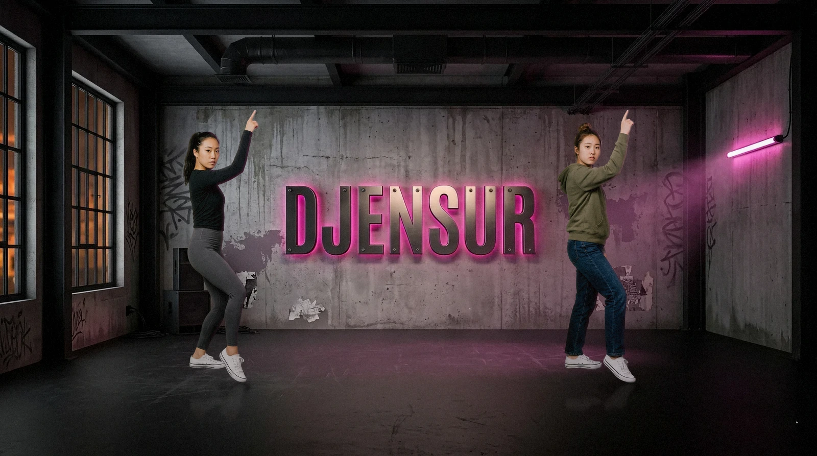 Een choreografe en een fan dansen dezelfde pose naast elkaar op het Djensur-podium