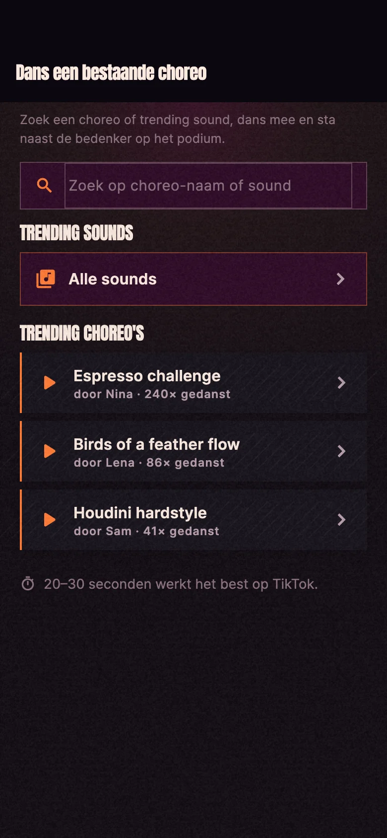 Djensur app: choosing a choreo to dance next to